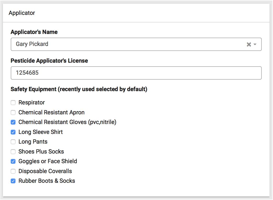screenshot of safety equipment list