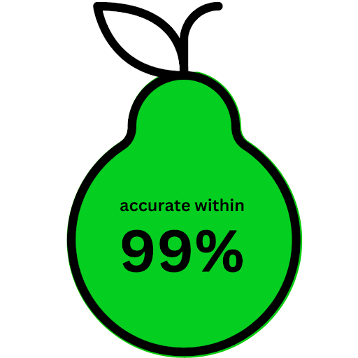A graphic of a green pear with a black outline shows accuracy within 99%