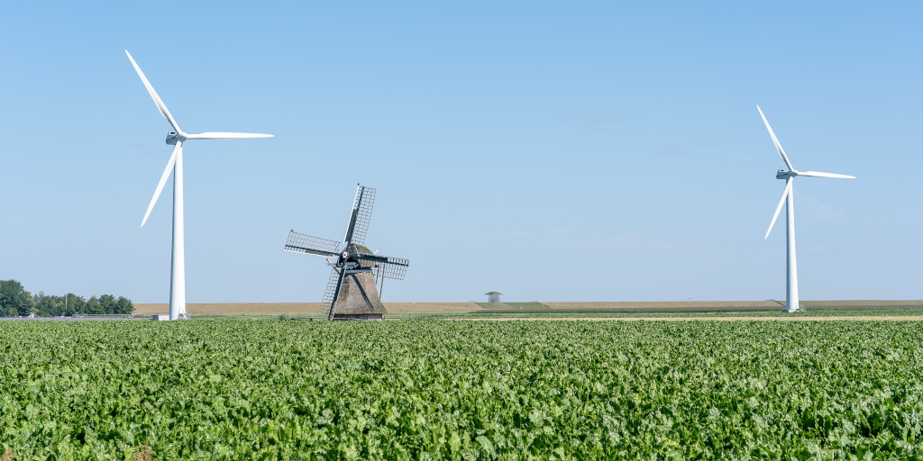An old fashioned brick windmill sits in a large green field. On either side of it stand tall, white, modern high efficiency windturbines