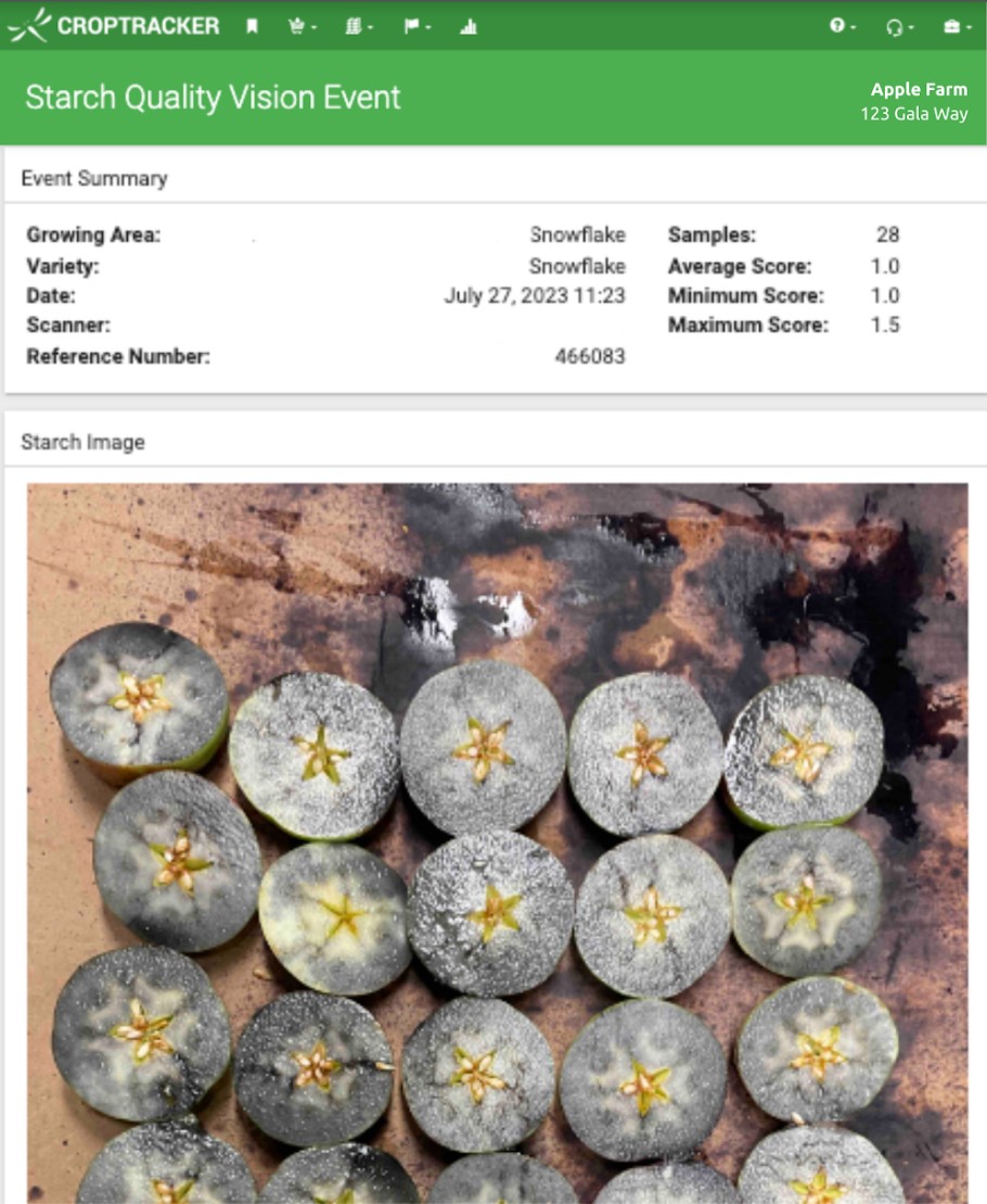 Croptracker report displaying information captured using Strach Quality Vision