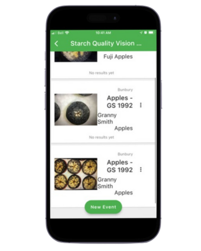 An iphone displays starch pattern index tests in a Cropracker event