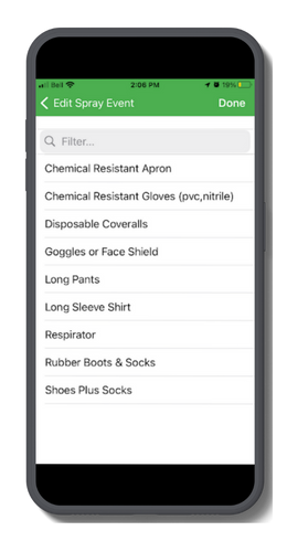 Mobile phone displays spray safety equipment checklist 