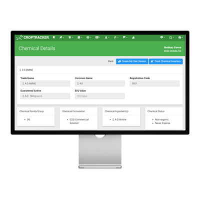 A computer shows the Croptracker webapp's chemical details screen, with Trade Name, Common Name, Registration Code, and Guaranteed Active