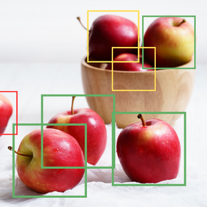 A scene with apples in a bowl on a table. They are outlined in square bounding boxes