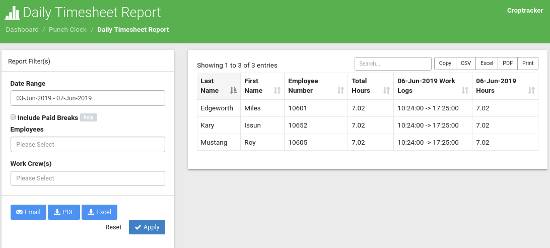 Croptracker's Daily Timesheet Report