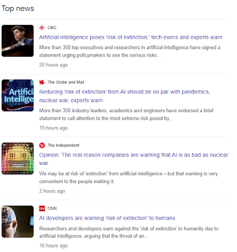 A list of articles from Google news about the 'risk of extinction' predicted by AI experts, featuring CBC, The Globe and Mail and CNN, .