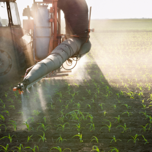 A sprayer applies liquid nutrients to a field.
