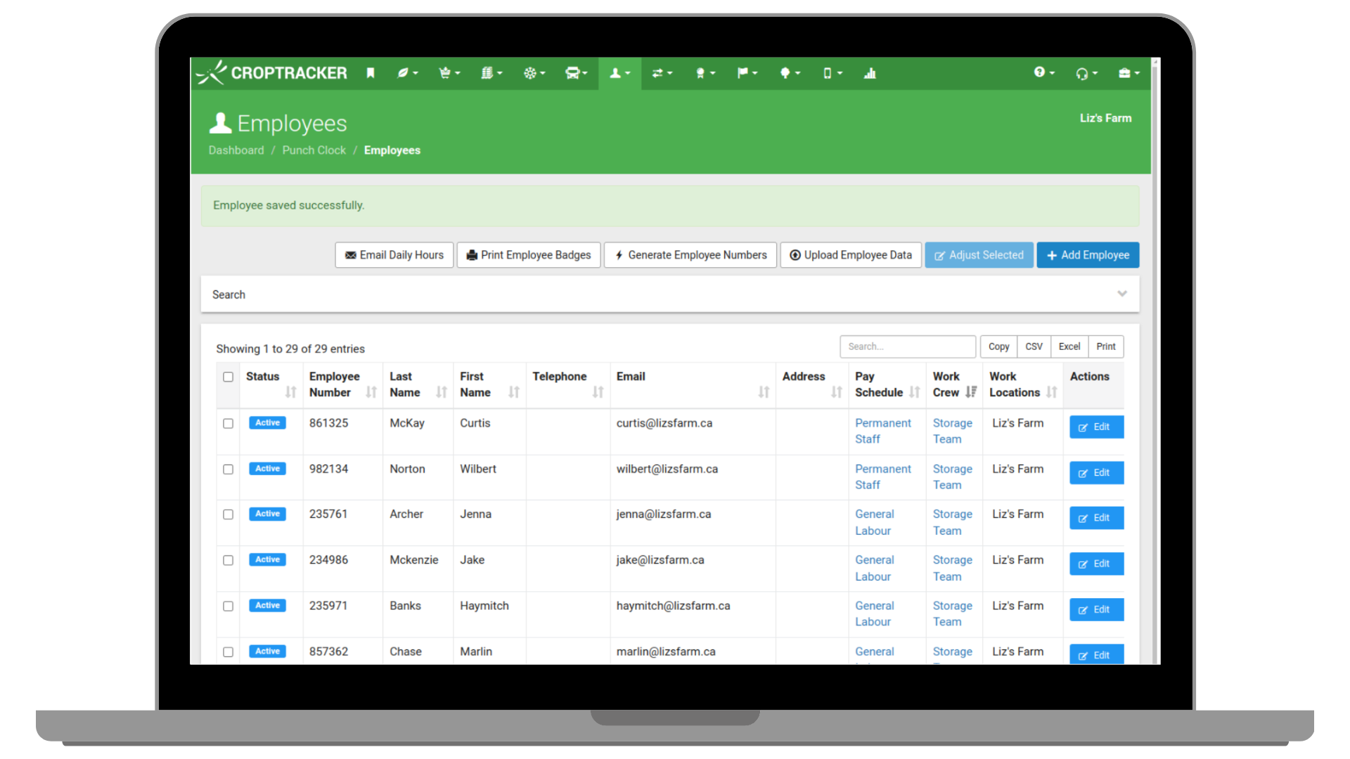 Showing employee screen in croptracker