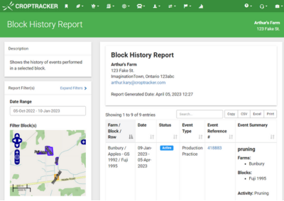 The block history report shows complete event history of the selected area