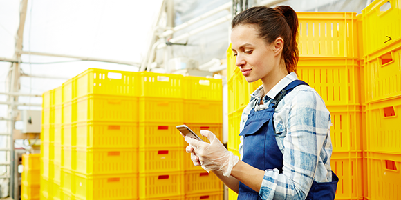 Worker in warehouse checks inventory details on her phone