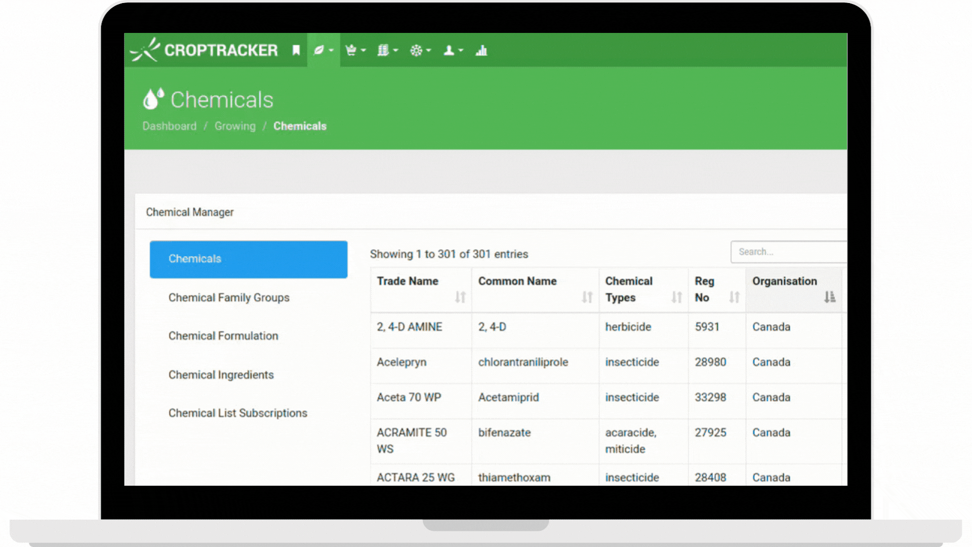 Viewing Croptracker's Chemical List