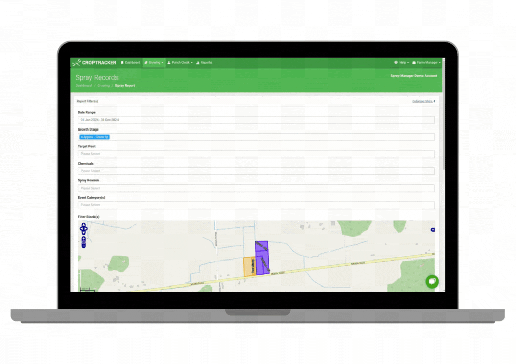 Scrolling through the spray report in croptracker