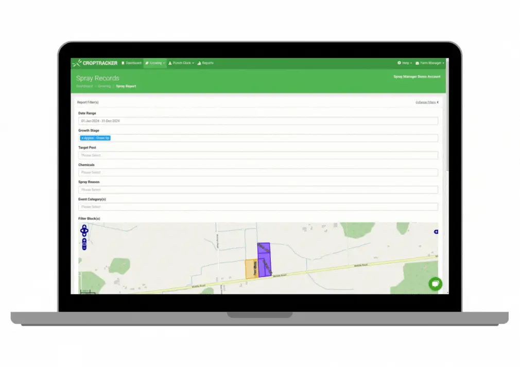 Scrolling through the spray report in croptracker