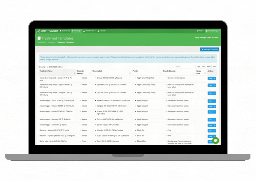 Showing the treatment templates in croptracker