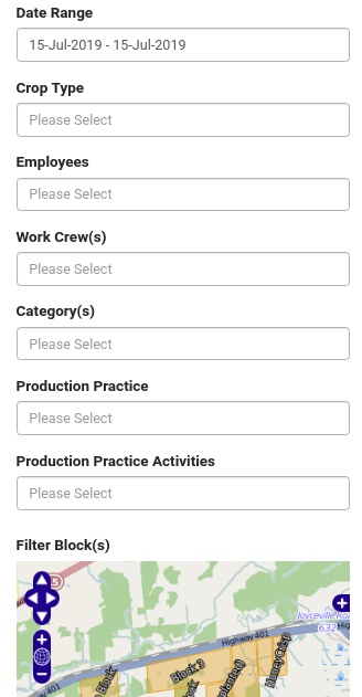 Filter sidebar on the Croptracker total work cost report