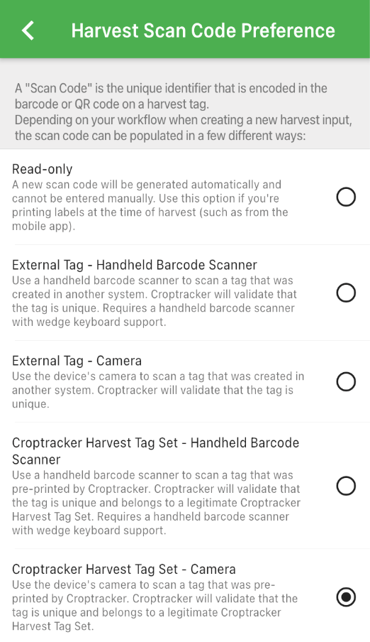 screenshot of harvest scan code preference view in mobile app
