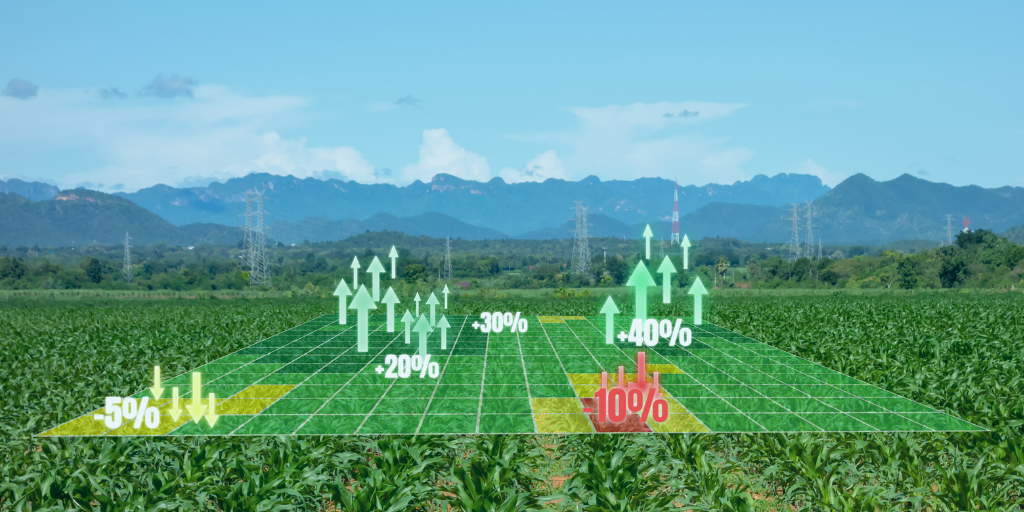 campo de fazenda com sobreposição digital de imagens de análise de dados