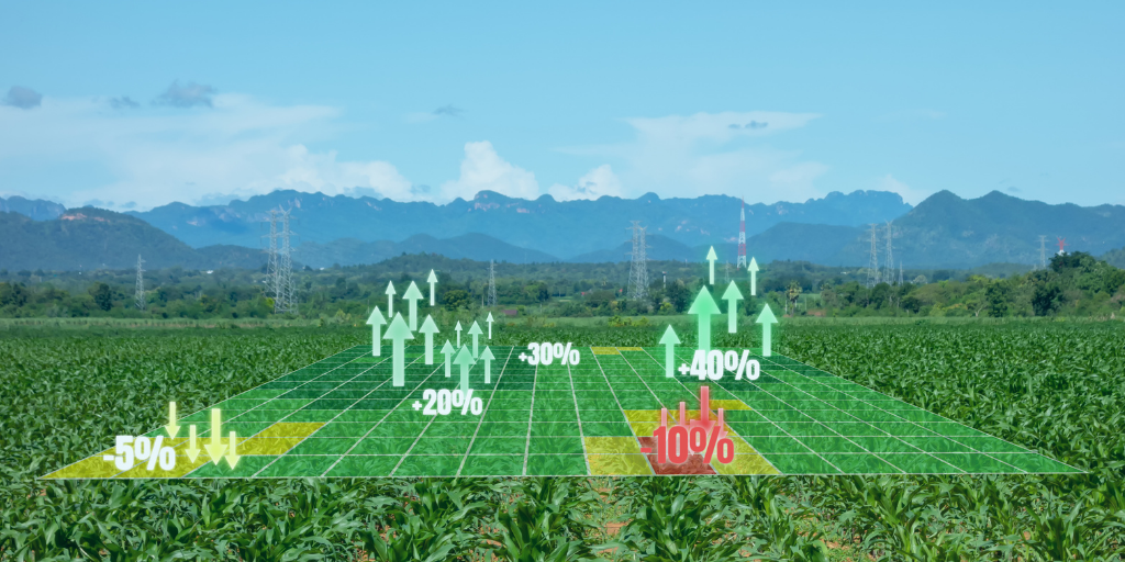 farm field with digital overlay of data analytics imagery