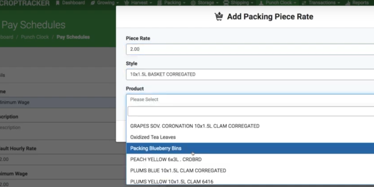 screenshot of piece rate configuration