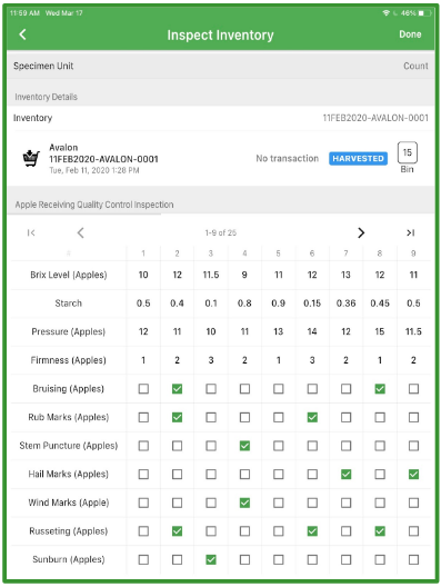 inspection template app screen with specs