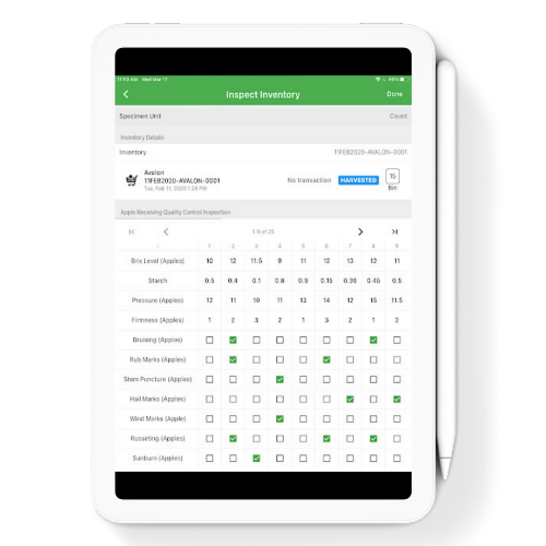 An ipad with apple pencil displays an apple quality control inspection