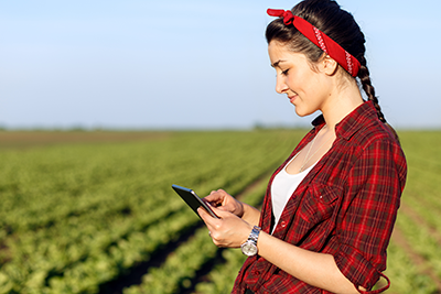 A farmer in her field checks her phone